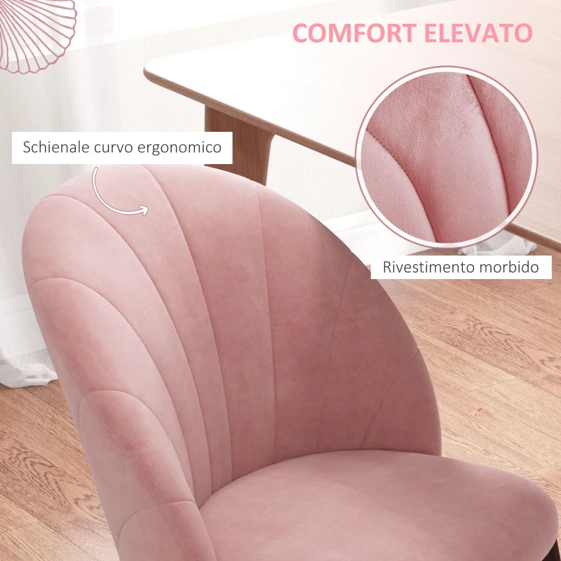 HOMCOM Set 2 Sedie da Pranzo Imbottite Stile Nordico in Metallo e Velluto, 52x54x79cm, Rosa