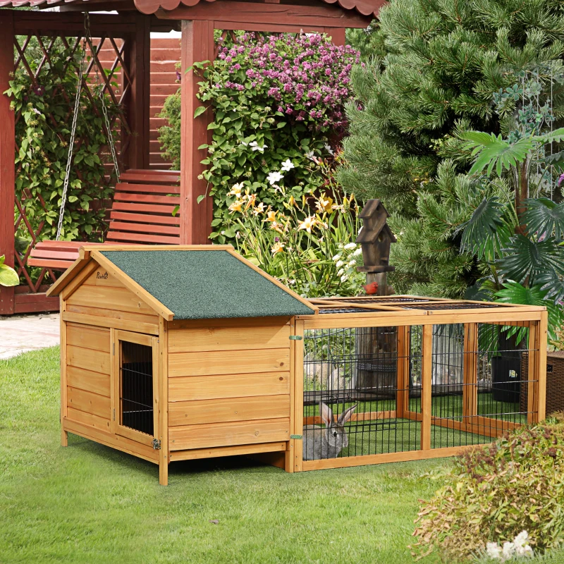 PawHut Wooden Rabbit Hutch Outdoor, Guinea Pig Hutch, Detachable Pet House Animal Cage with Openable Run & Roof Lockable Door Slide-out Tray 146 x 95 x 69cm