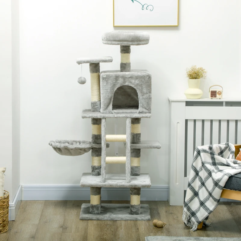 PawHut Cat Tree for Indoor Cats, Cat Tower with Scratching Post, Bed for Large Cats, Light Grey