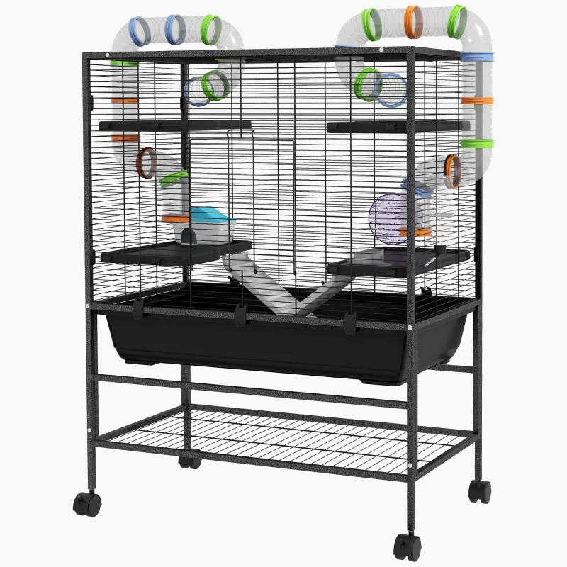 PawHut Large Hamster Cage, Gerbil Cage with Tubes, Storage Shelf, Ramps, Platforms, Running Wheel - Black