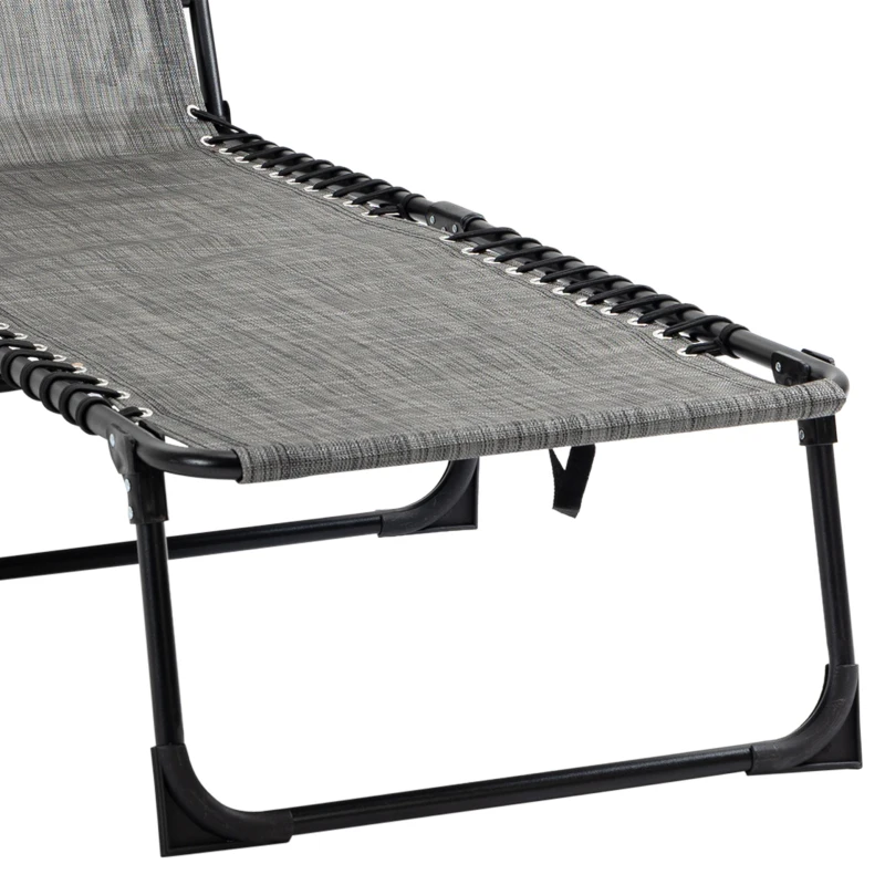 Outsunny Portable Sun Lounger, Folding Camping Bed Cot, Reclining Lounge Chair 5-position Adjustable Backrest with Side Pocket, Pillow for Patio Garden Beach Pool, Mixed Grey