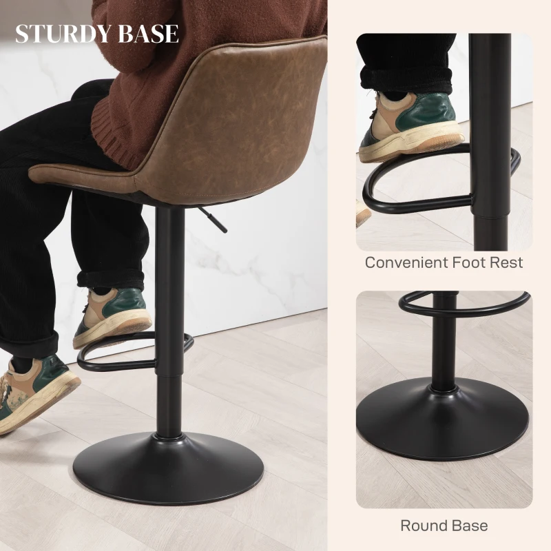 HOMCOM Bar Stools Set of 2, Retro Adjustable Kitchen Stool, Swivel PU Leather Upholstered Bar Chairs with Back, Footrest and Steel Base, Brown
