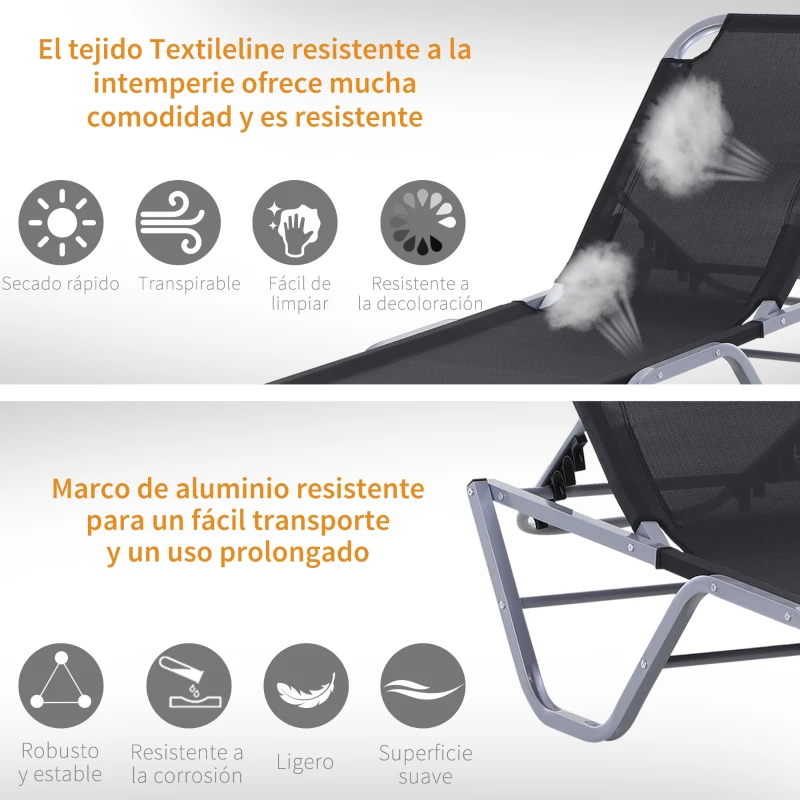 Outsunny Tumbona de Jardín con Respaldo Ajustable en 5 Posiciones de Aluminio y Texteline para Terraza Patio Playa Piscina Exterior 163x58,5x91 cm Negro