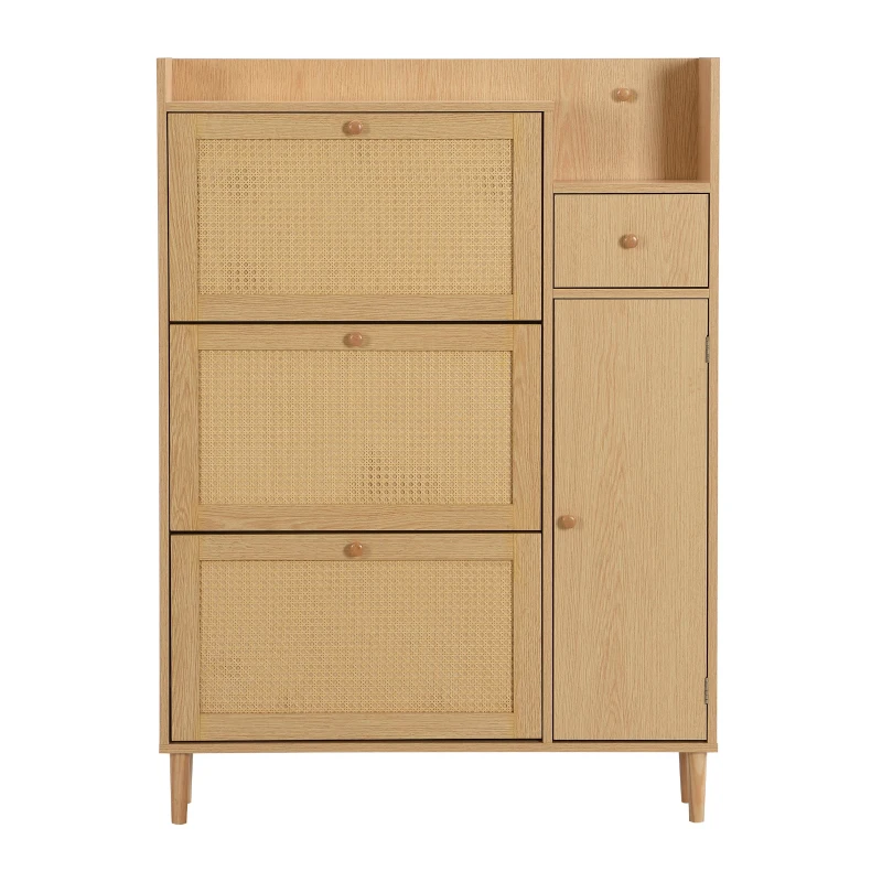Mobile  Scarpiera in Rattan Boho Moderna con 3 Ante Ribaltabili e 1 Cassetto, Gambe in Legno Massello e Maniglie, 90x17x125 cm, Naturale