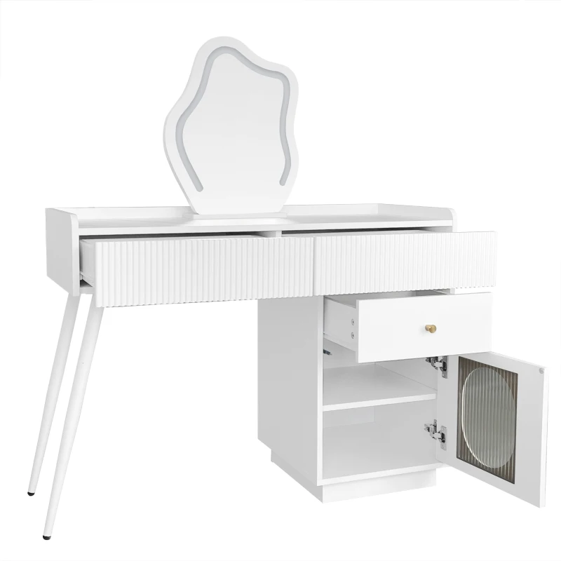 Tavolo da Trucco con Specchio LED e Illuminazione, Tre Cassetti e Un'Anta, in Legno Pressato, 100x40x124 cm, Bianco