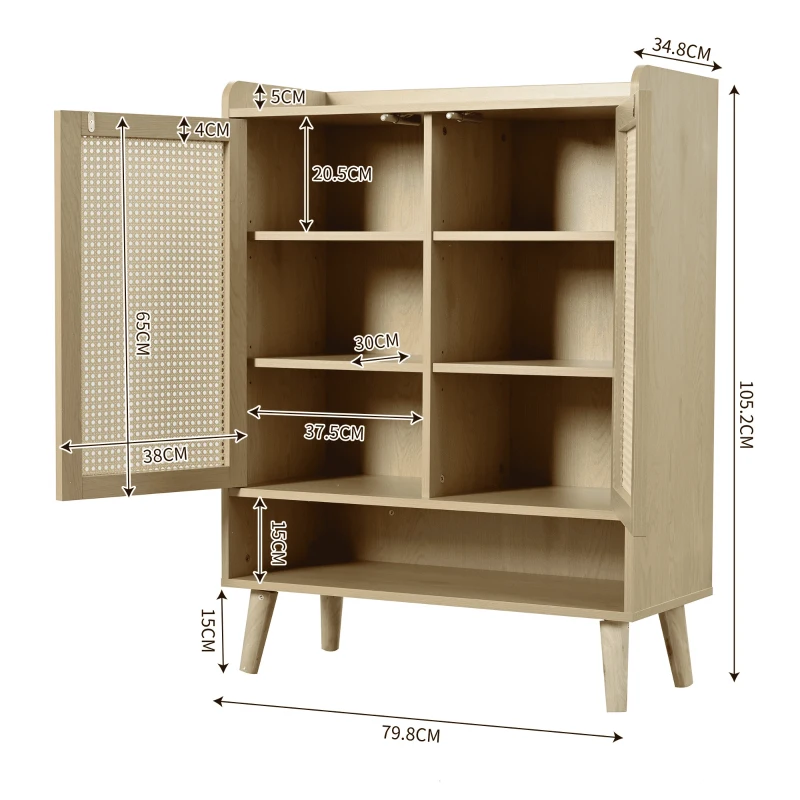 Mobile Portascarpe in Rattan con 2 Ante e 7 Scomparti, Maniglie e Gambe in Legno Massello, 80x35x105 cm, Rovere Chiaro