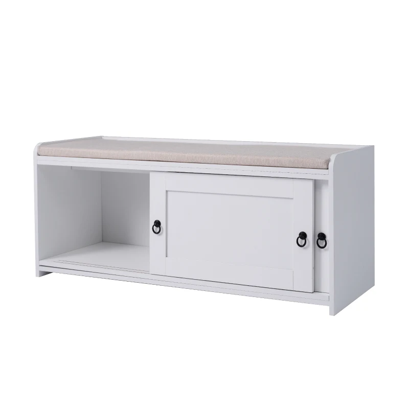 Panchina Portascarpe con Maniglie ad Anello, Scarpiera da Ingresso, Ante Scorrevoli, Design Classico-Vintage, 109x40x50 cm, Bianco
