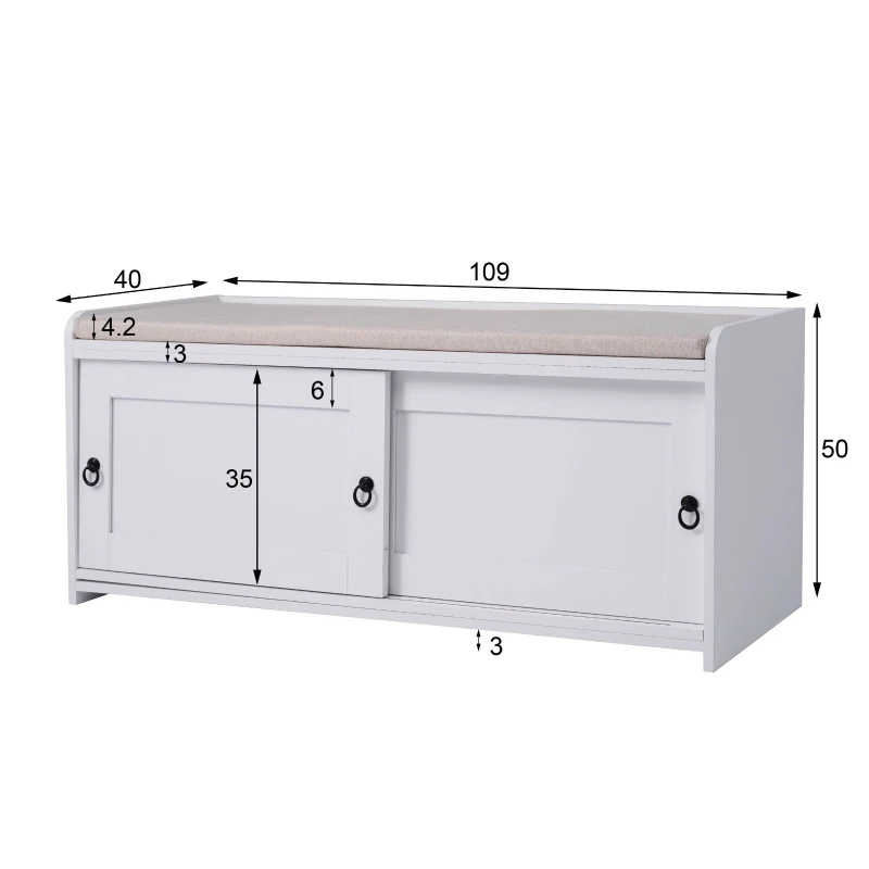 Panchina Portascarpe con Maniglie ad Anello, Scarpiera da Ingresso, Ante Scorrevoli, Design Classico-Vintage, 109x40x50 cm, Bianco