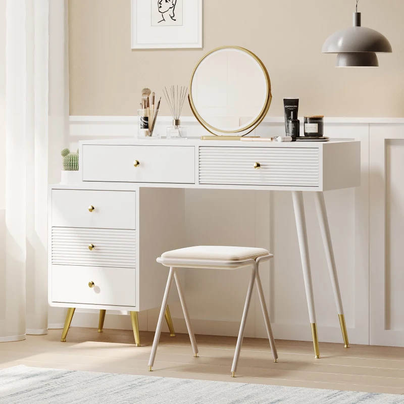 Tavolo da Trucco con Illuminazione LED e Specchio, 5 Cassetti, Estensibile con Armadietto Laterale Regolabile, 100x40x78 cm, Bianco