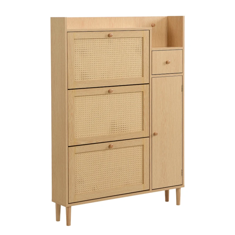 Mobile  Scarpiera in Rattan Boho Moderna con 3 Ante Ribaltabili e 1 Cassetto, Gambe in Legno Massello e Maniglie, 90x17x125 cm, Naturale