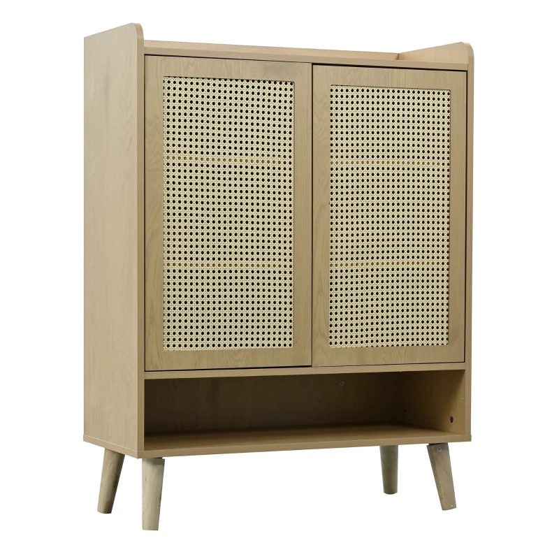 Mobile Portascarpe in Rattan con 2 Ante e 7 Scomparti, Maniglie e Gambe in Legno Massello, 80x35x105 cm, Rovere Chiaro