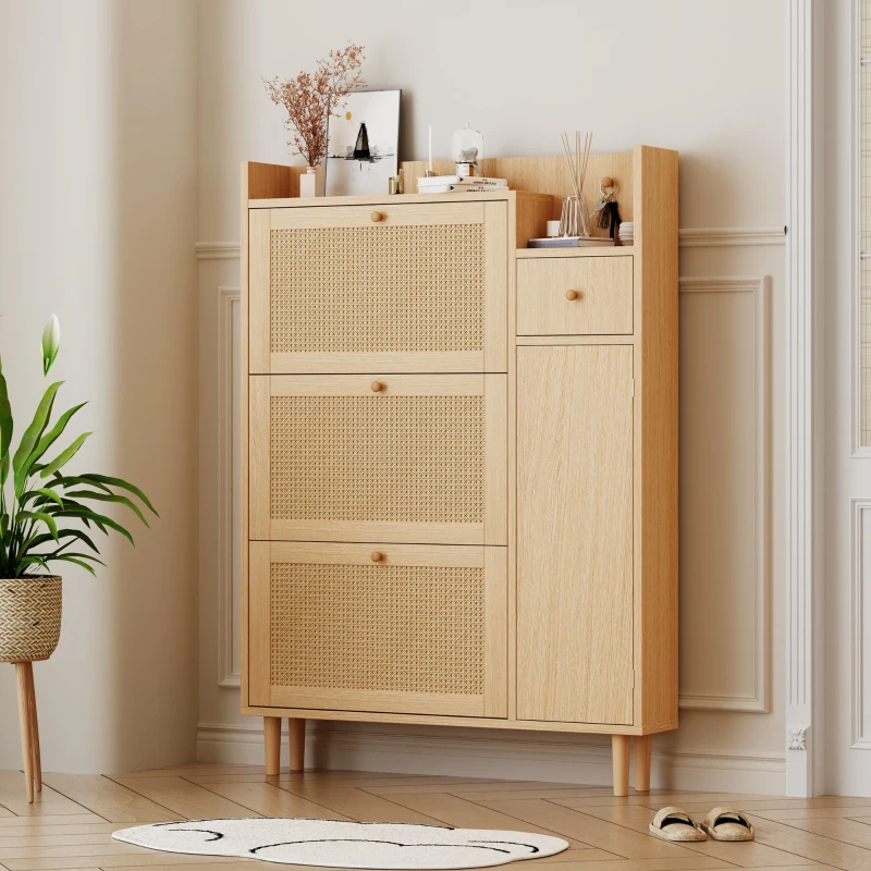 Mobile  Scarpiera in Rattan Boho Moderna con 3 Ante Ribaltabili e 1 Cassetto, Gambe in Legno Massello e Maniglie, 90x17x125 cm, Naturale