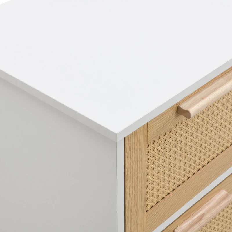 Credenza Boho Moderna in Rattan con 4 Cassetti e Maniglie in Legno Massello, 80x38x80 cm, Naturale+Bianco