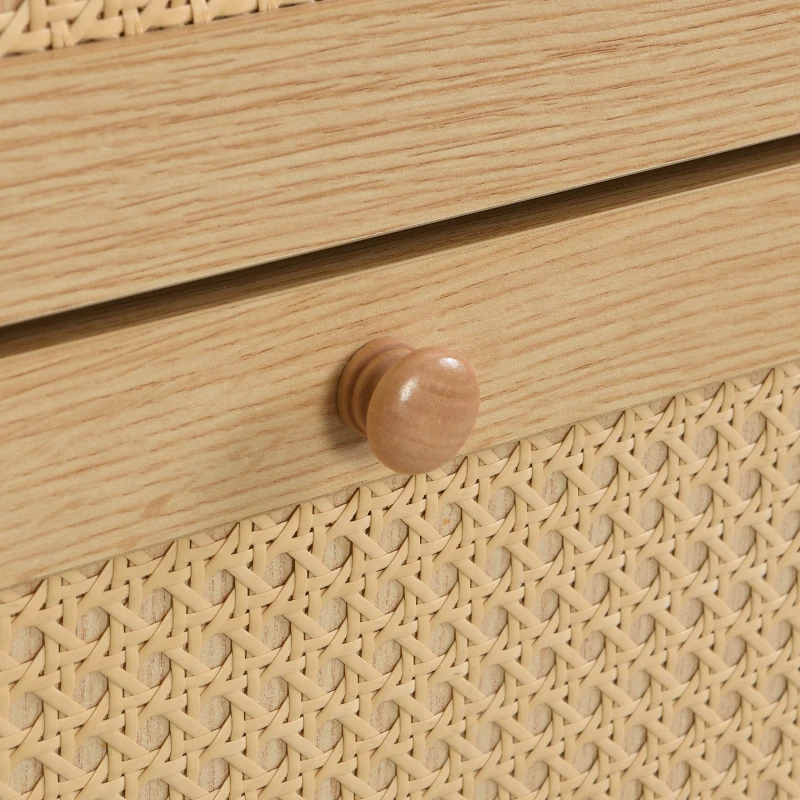 Mobile  Scarpiera in Rattan Boho Moderna con 3 Ante Ribaltabili e 1 Cassetto, Gambe in Legno Massello e Maniglie, 90x17x125 cm, Naturale