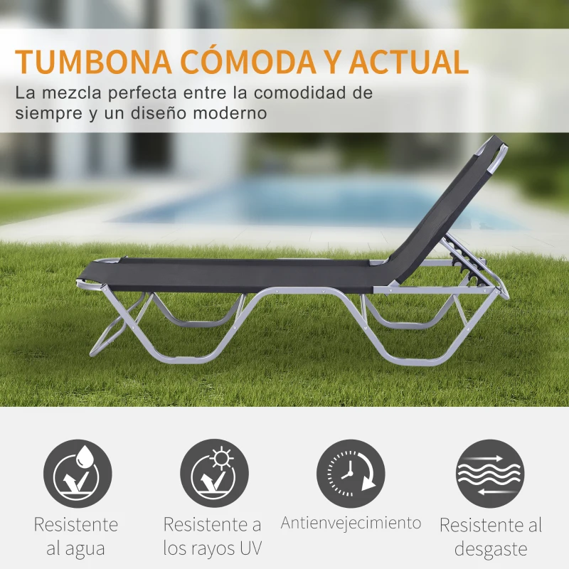 Outsunny Tumbona de Jardín con Respaldo Ajustable en 5 Posiciones de Aluminio y Texteline para Terraza Patio Playa Piscina Exterior 163x58,5x91 cm Negro