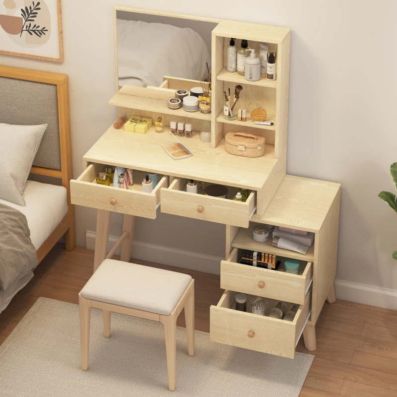 Tavolo per Trucco con Specchio,  4 Scomparti Aperti e 4 Cassetti Grandi, 105x40x130,5 cm, Naturale