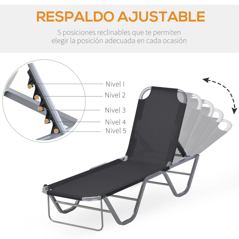 Outsunny Tumbona de Jardín con Respaldo Ajustable en 5 Posiciones de Aluminio y Texteline para Terraza Patio Playa Piscina Exterior 163x58,5x91 cm Negro