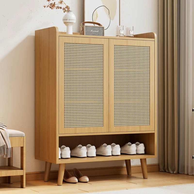 Mobile Portascarpe in Rattan con 2 Ante e 7 Scomparti, Maniglie e Gambe in Legno Massello, 80x35x105 cm, Rovere Chiaro