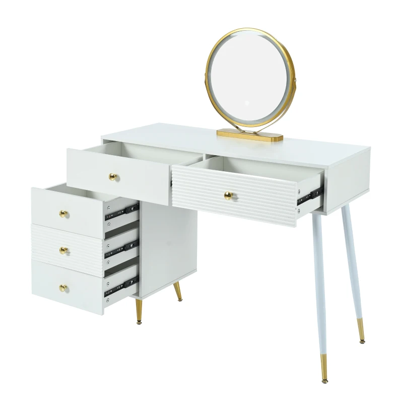 Tavolo da Trucco con Illuminazione LED e Specchio, 5 Cassetti, Estensibile con Armadietto Laterale Regolabile, 100x40x78 cm, Bianco