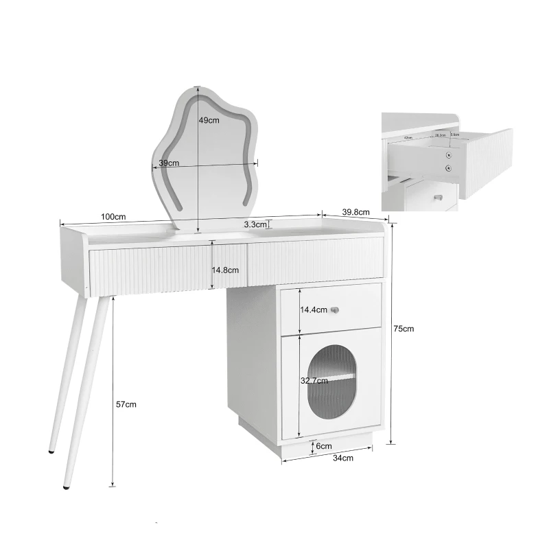 Tavolo da Trucco con Specchio LED e Illuminazione, Tre Cassetti e Un'Anta, in Legno Pressato, 100x40x124 cm, Bianco