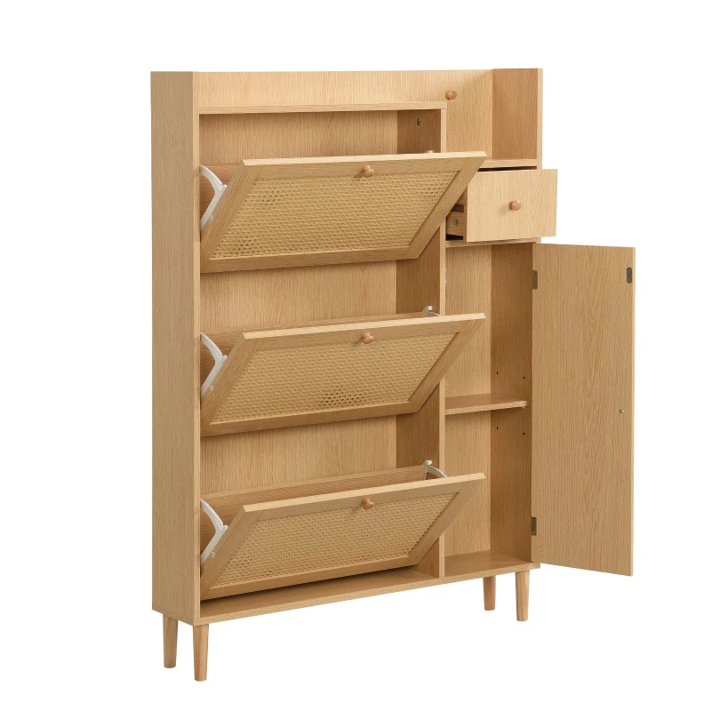 Mobile  Scarpiera in Rattan Boho Moderna con 3 Ante Ribaltabili e 1 Cassetto, Gambe in Legno Massello e Maniglie, 90x17x125 cm, Naturale