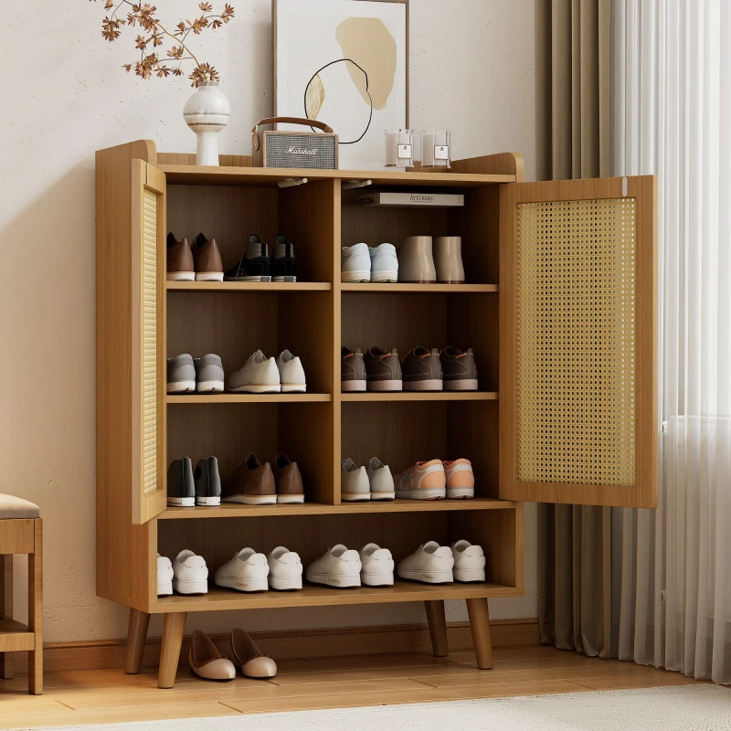 Mobile Portascarpe in Rattan con 2 Ante e 7 Scomparti, Maniglie e Gambe in Legno Massello, 80x35x105 cm, Rovere Chiaro