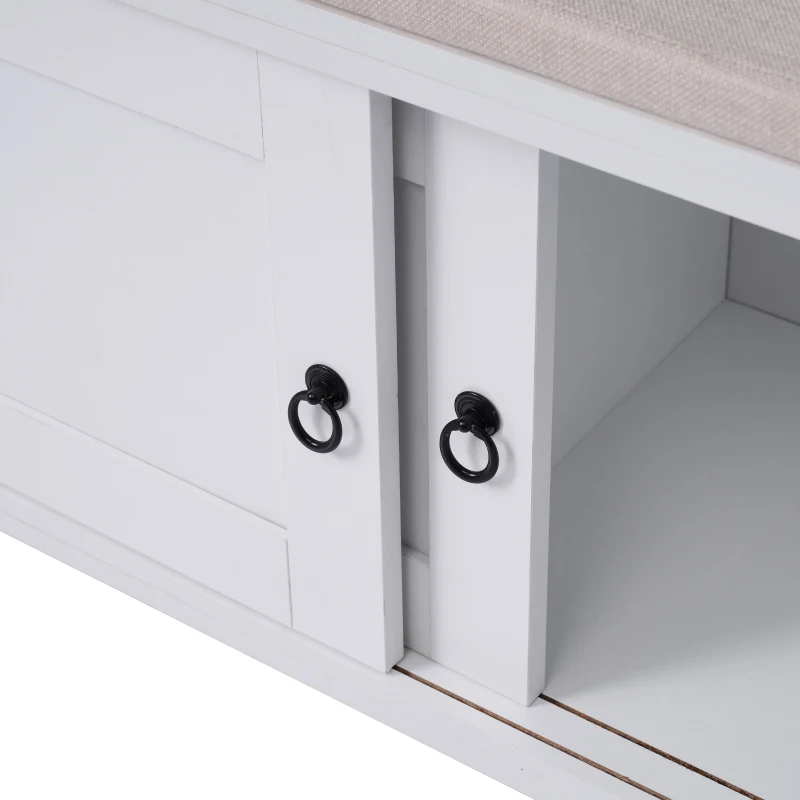 Panchina Portascarpe con Maniglie ad Anello, Scarpiera da Ingresso, Ante Scorrevoli, Design Classico-Vintage, 109x40x50 cm, Bianco