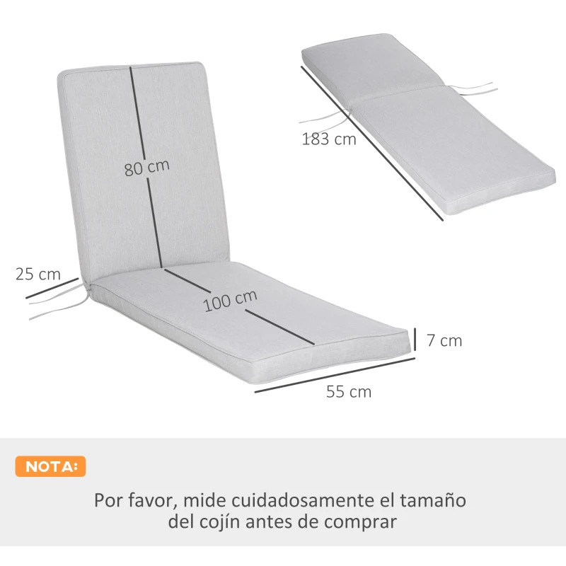 Outsunny Conjunto de 2 Cojines para Tumbona de Jardín 183x55x7 cm Desenfundables Lavables y Acolchados Almohadillas de Algodón para Sillas de Jardín Terraza Balcón Gris