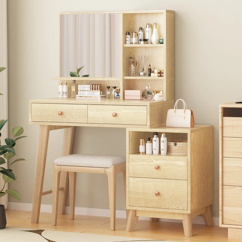 Tavolo per Trucco con Specchio,  4 Scomparti Aperti e 4 Cassetti Grandi, 105x40x130,5 cm, Naturale