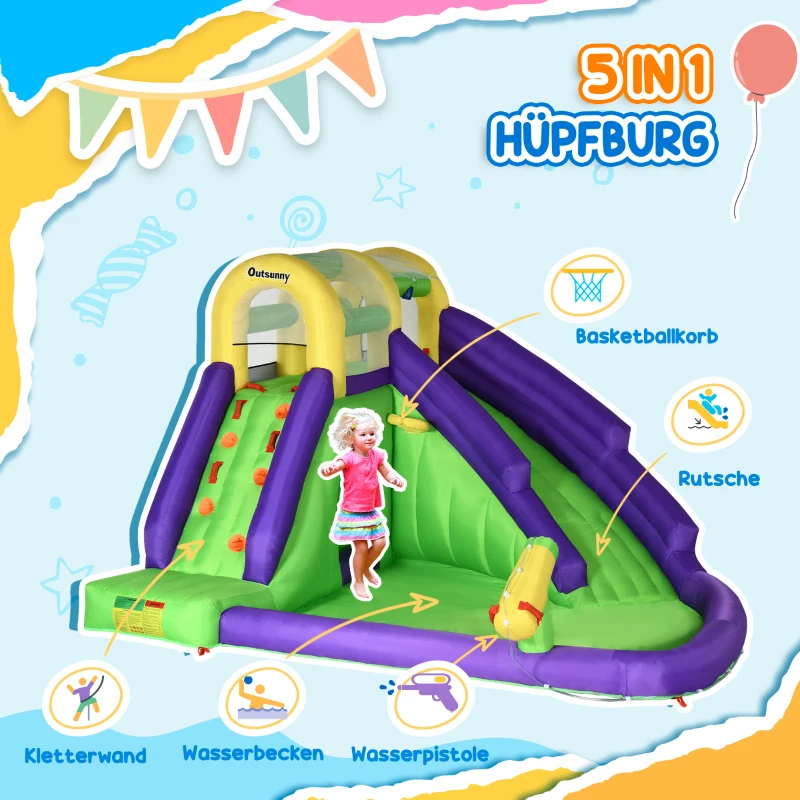 Outsunny Aufblasbare Hüpfburg mit Gebläse Hüpfburg mit Wasserrutsche XXL Wasserpark für Kinder von 3 bis 8 Jahren  Kletterwand Trampolin Outdoor Garten 395 x 355 x 235 cm