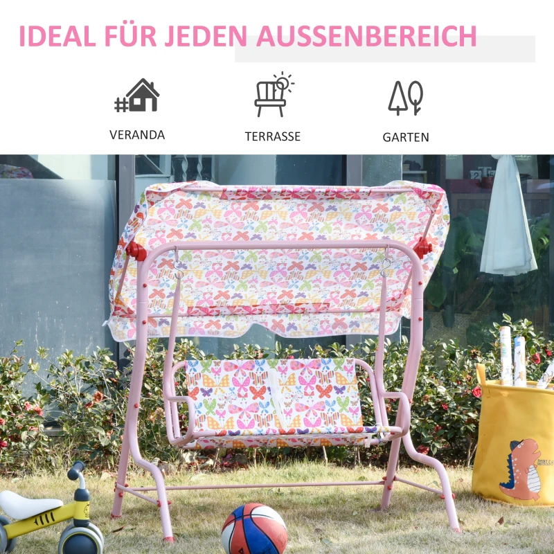 Outsunny Kinder Hollywoodschaukel Kinderschaukel mit Sonnendach 2-Sitzer Gartenschaukel für 3-6 Jahre Metall Rosa 110L x 70B x 110H cm
