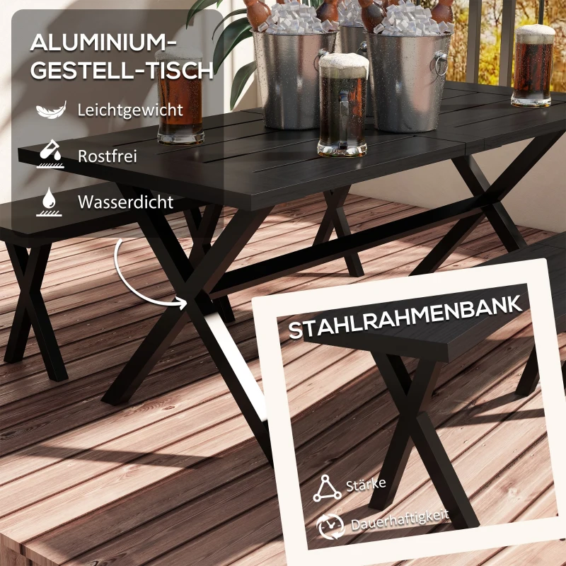 Outsunny Zestaw Piwny dla 4 Osób, Odporny na Pogodę, Wygląd Drewna, Aluminiowa Rama, Czarny