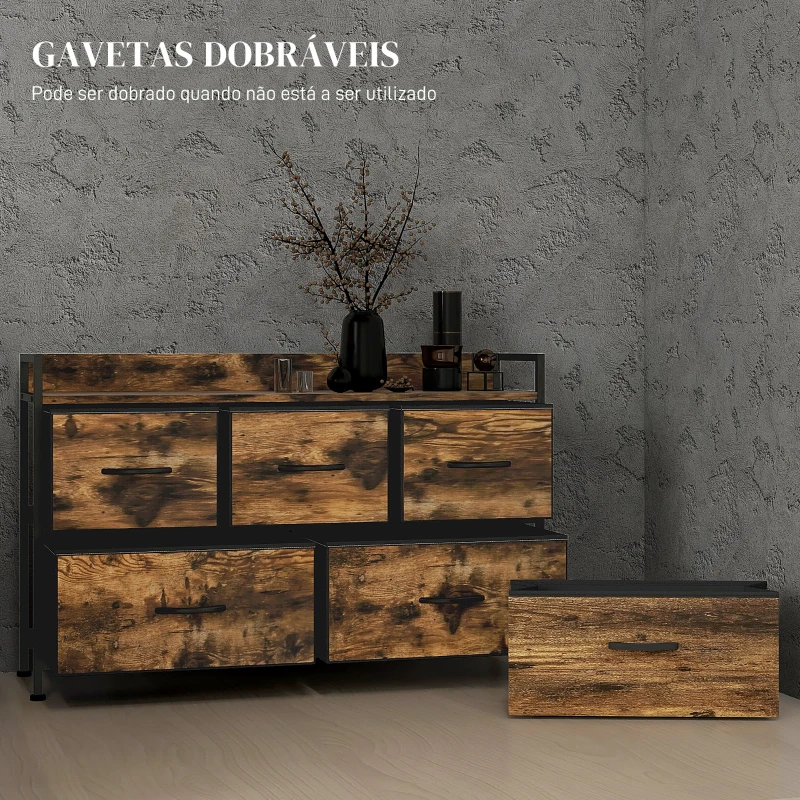 HOMCOM Cómoda com 5 Gavetas de Tecido Cómoda de Estilo Industrial com Estrutura Metálica para Quarto 98x29x63 cm Castanho Rústico