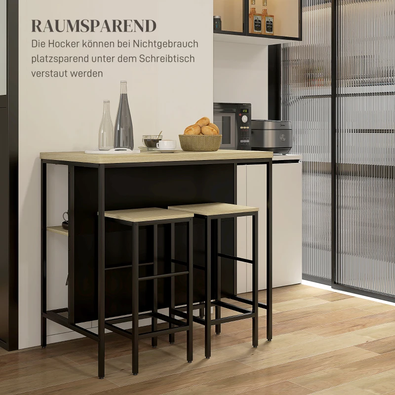 HOMCOM Barset, 2 Barkrukken & 1 Bartafel, vlekbestendig, stabiel, Staalframe, Zwart/Eik