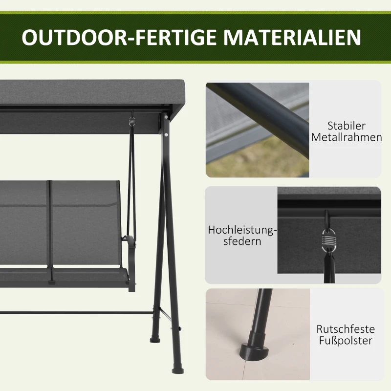 Outsunny Hollywood-schommel, voor 3 personen, verstelbaar zonnedak, tot 240 kg, donkergrijs, 195 x 118 x 170 cm