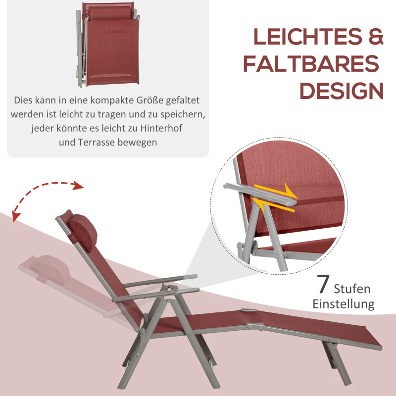 Outsunny Leżanka ogrodowa, oparcie regulowane w 5 stopniach, z poduszką, składana, metalowy stelaż odporny na rdzę, 137 x 63,5 x 100,5 cm, Bordowy