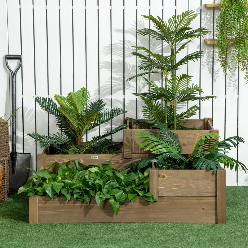 Outsunny Hochbeet, 4 Pflanzgefäße auf 3 Stufen, wetterbeständig, Massivholz, 122 cm x 122 cm x 51 cm, Natur