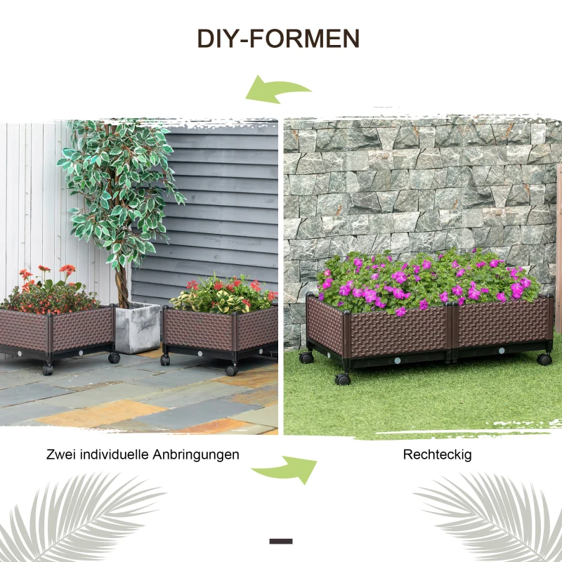 Outsunny Hochbeet 2-teilig mit Rollen Pflanzkasten mit Abflusslöchern Blumenkasten Blumenkübel Kunststoff Braun 50 x 50 x 33 cm