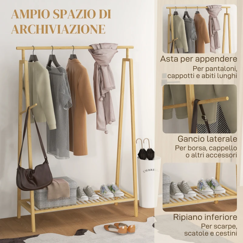 HOMCOM Appendiabiti a Doghe in Bambù con Gruccia Laterale e Spazio per Scarpe, 110x42x152 cm, color Legno
