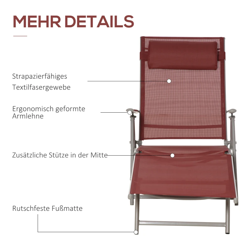 Outsunny Leżanka ogrodowa, oparcie regulowane w 5 stopniach, z poduszką, składana, metalowy stelaż odporny na rdzę, 137 x 63,5 x 100,5 cm, Bordowy