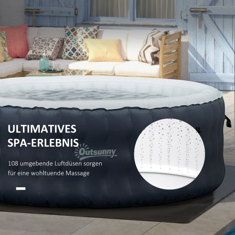 Outsunny Whirlpool für 4 Personen Heizung Bubble Spa Massage 930L Inkl. 108 Massagedüsen Abdeckung In- & Outdoor rund Weiß+Blau Ø180 x 68H cm