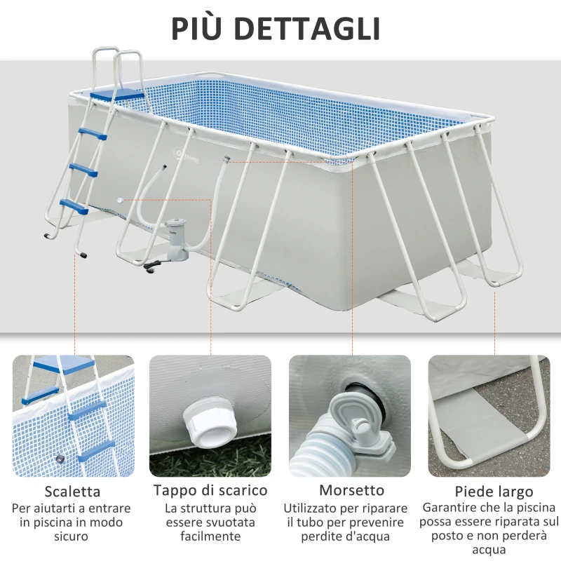 Outsunny Piscina Fuori Terra Rettangolare con Pompa Filtro e Scaletta, 440x240x122cm