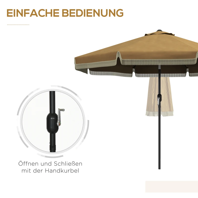 Outsunny Zonparasol met Franje Decoratie, Ø265 cm, Kantelbaar, Tweedelige Metalen Mast, Windkap, Khaki/Zwart