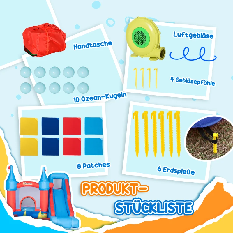 Outsunny Aufblasbare Hüpfburg für 4 Kinder Wasserhüpfburg mit Gebläse Rutsche Pool Kletterwand Trampolin Tragetasche Garten für Kinder Outdoor Wasserrutsche Springburg 3-8 Jahren 333 x 280 x 210 cm