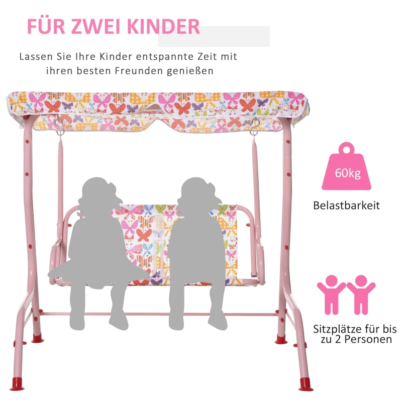 Outsunny Kinder Hollywoodschaukel Kinderschaukel mit Sonnendach 2-Sitzer Gartenschaukel für 3-6 Jahre Metall Rosa 110L x 70B x 110H cm