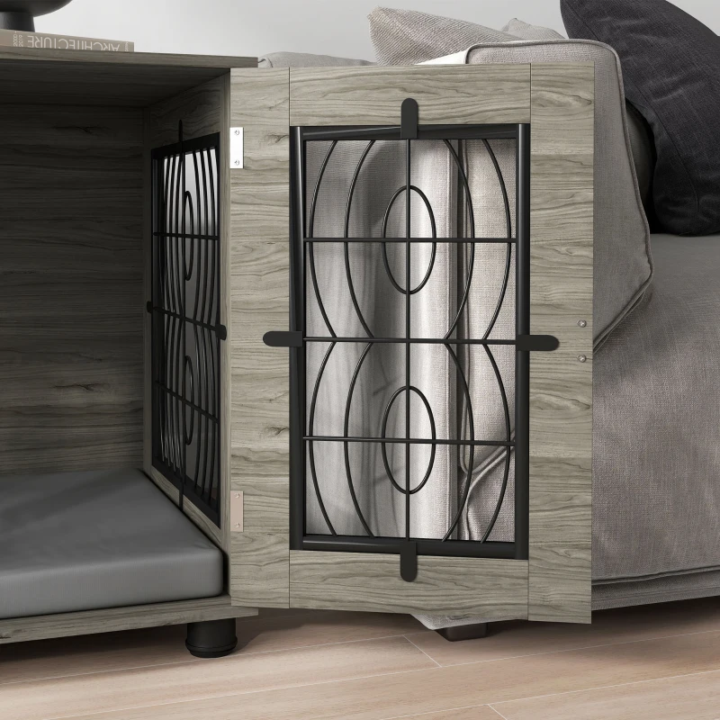 PawHut Hondenkooi met Ligkussen, tot 20kg/50cm Lichaamslengte, Metaal, 80x56x63cm, Grijs/Houtdecor(m-9)