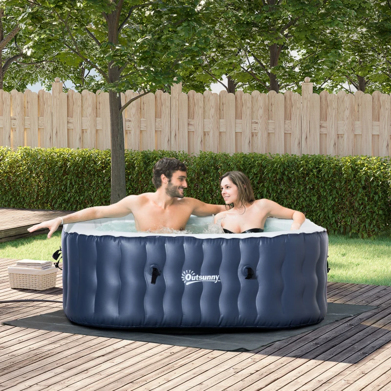 Outsunny Square Hot Tub Inflatable Spa Outdoor Bubble Spa Pool with Pump, Cover, Filter Cartridges, 4-6 Person, Dark Blue