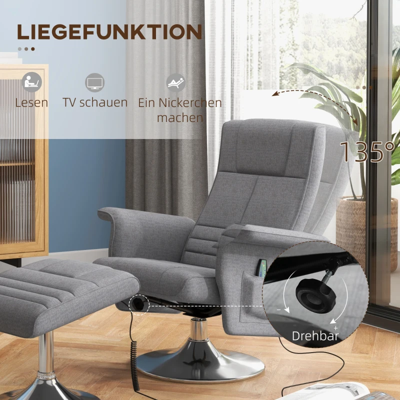 HOMCOM Relaxstoel met Massage, Elektrisch Reguleerbare, 8 Vibratiekoppen, Draaibaar, Donkergrijs(m-5)