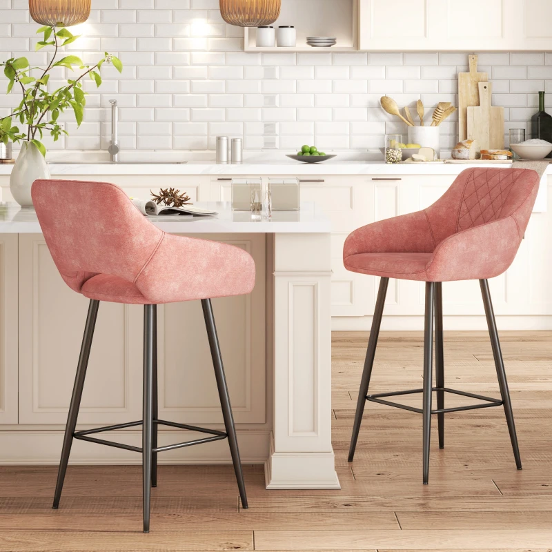 HOMCOM Set of Two Velvet-Feel Bar Stools - Pink