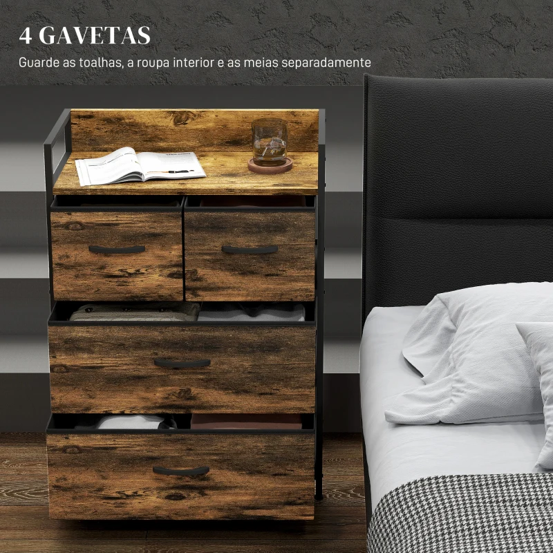 HOMCOM Cómoda de Quarto com 4 Gavetas Dobráveis Prateleira Aberta e Estrutura de Aço para Sala Entrada 60x29x85 cm Castanho Rústico